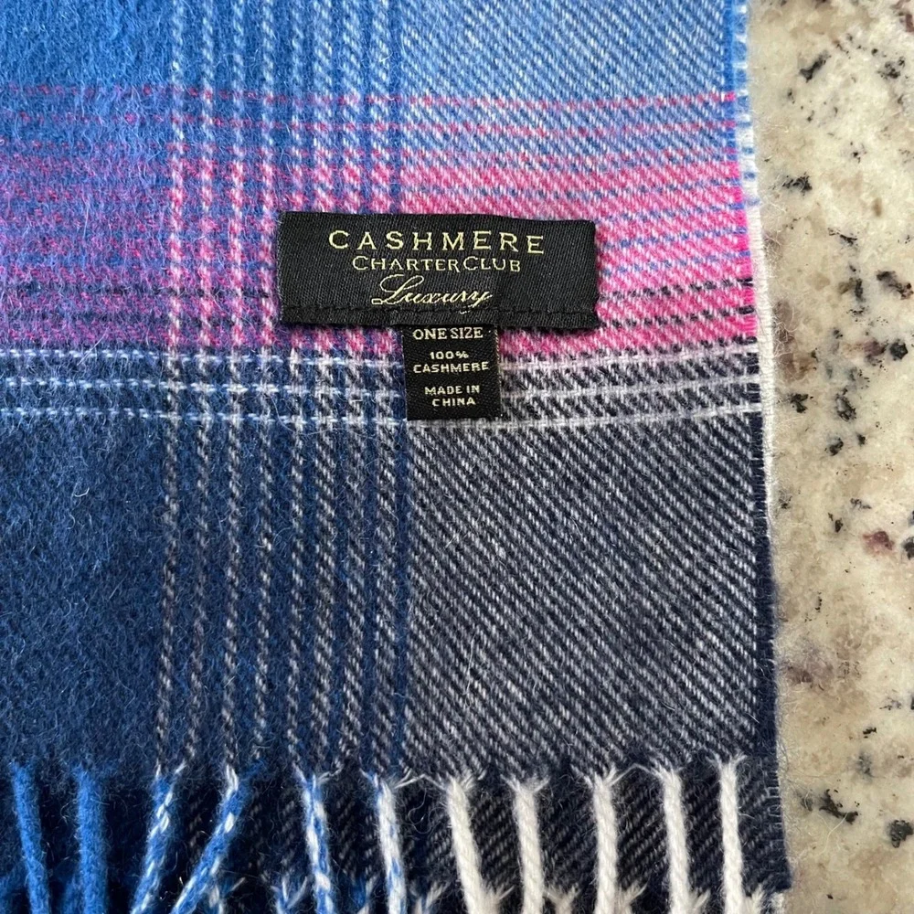 Charter Club Scarf Women OS Blue Pink Plaid Cashmere Luxury Fringe Winter Wrap